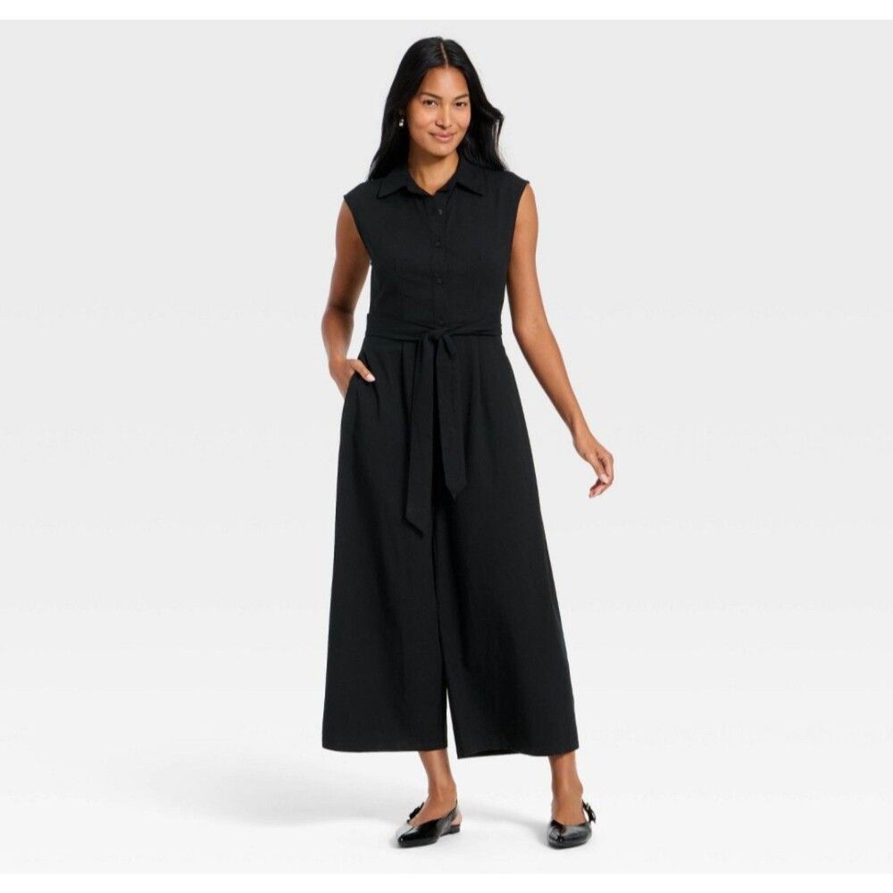 Women's A New Day Sleeveless Belted Jumpsuit Black Large